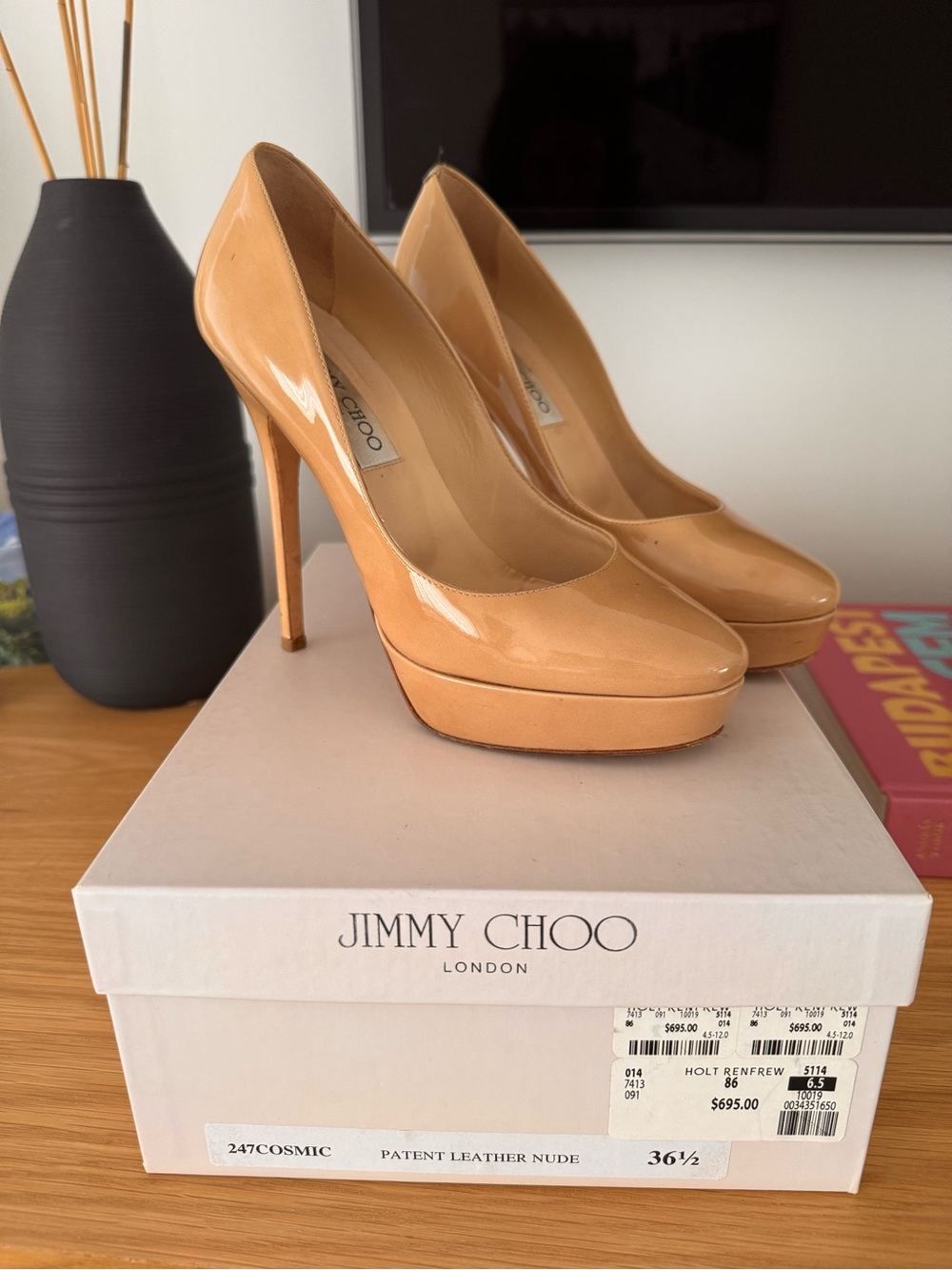 Jimmy Choo Patent Leather Platform Pumps in Nude Tan